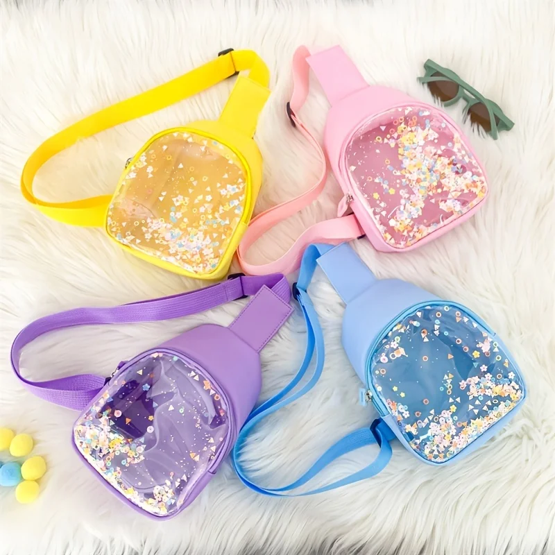 Saco de peito de lantejoulas transparente para crianças, bolsa colorida com zíper criativo para meninos e meninas, saco crossbody bonito para crianças, lindas bolsas