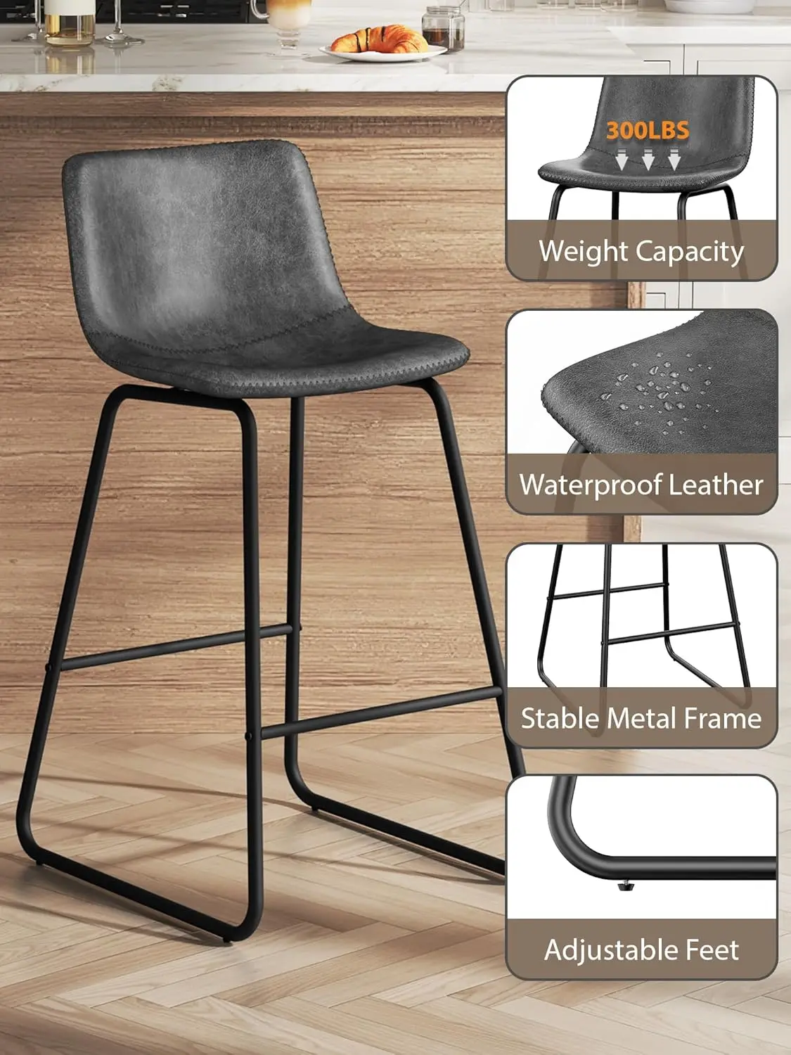 Bar Stools Set of 4, 26 Inches Counter Height Bar Stools with Back, Modern Faux Leather Barstools with Metal Legs and Footrest