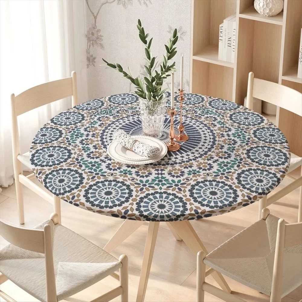 Mandala Round Tableclothes for Dining Table Boho Pattern Fitted Table Protector Cover Elastic Edge Desk Decoration Waterproof