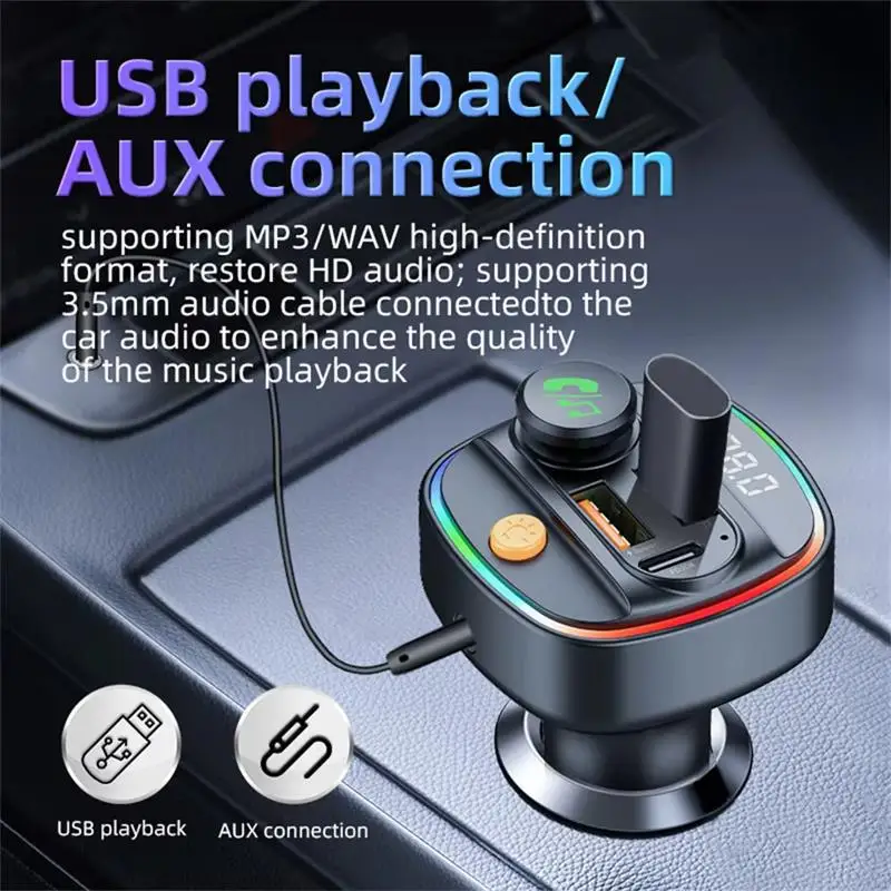 Bluetooth 5.3 Car FM Transmitter Hands-Free Car AUX Radio Modulator MP3 Player with Fast Charging Adapter Auto Accessories