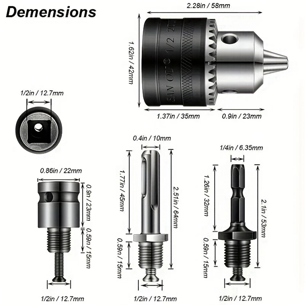 Portabrocas de 1,5-13 mm, brocas de controlador de impacto de montaje 1/2-20UNF, vástago hexagonal de conversión de mandril/adaptador cuadrado de enchufe SDS-Plus con llave de mandril