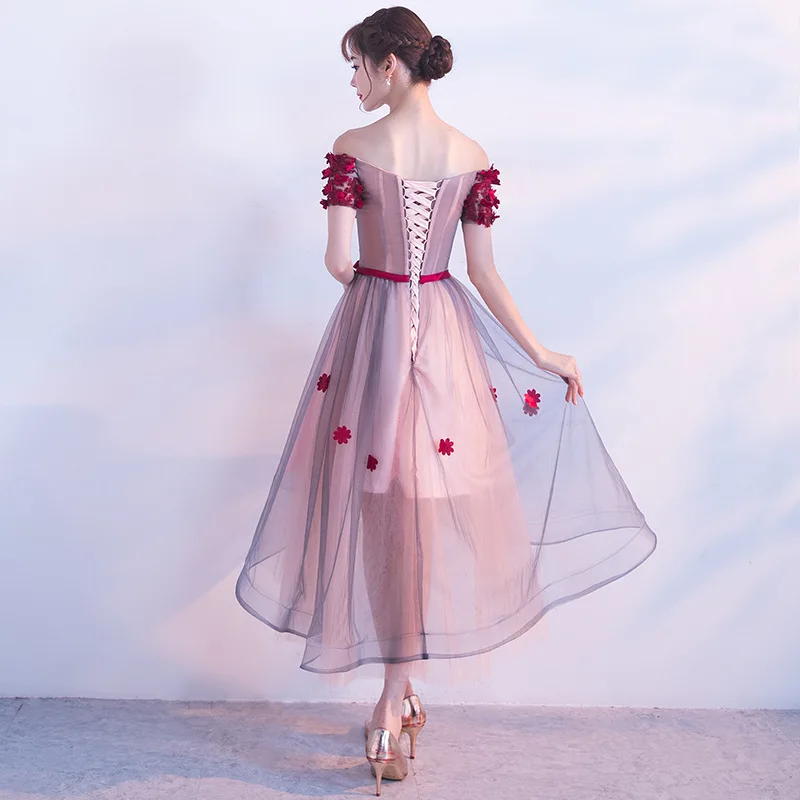 สูงต่ำใหม่ดอกไม้ชุดเดรสเพื่อนเจ้าสาว Elegant เรือคอสั้นแขนไข่มุก Robe De Soiree ชุดเจ้าหญิง