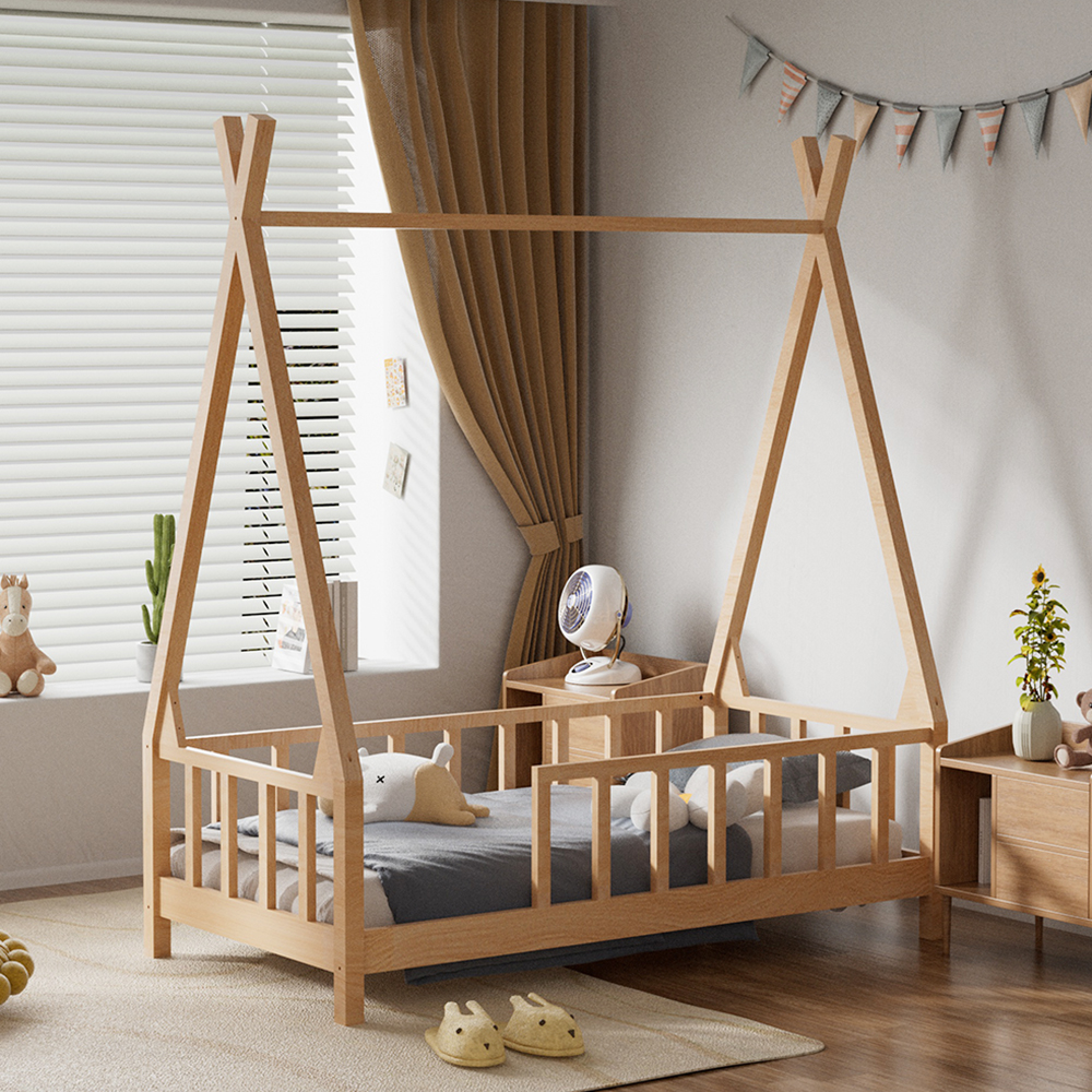 Kid's Premium Pine Wood House Bed Frame with Fence,148cm W x 76cm D x 168cm H