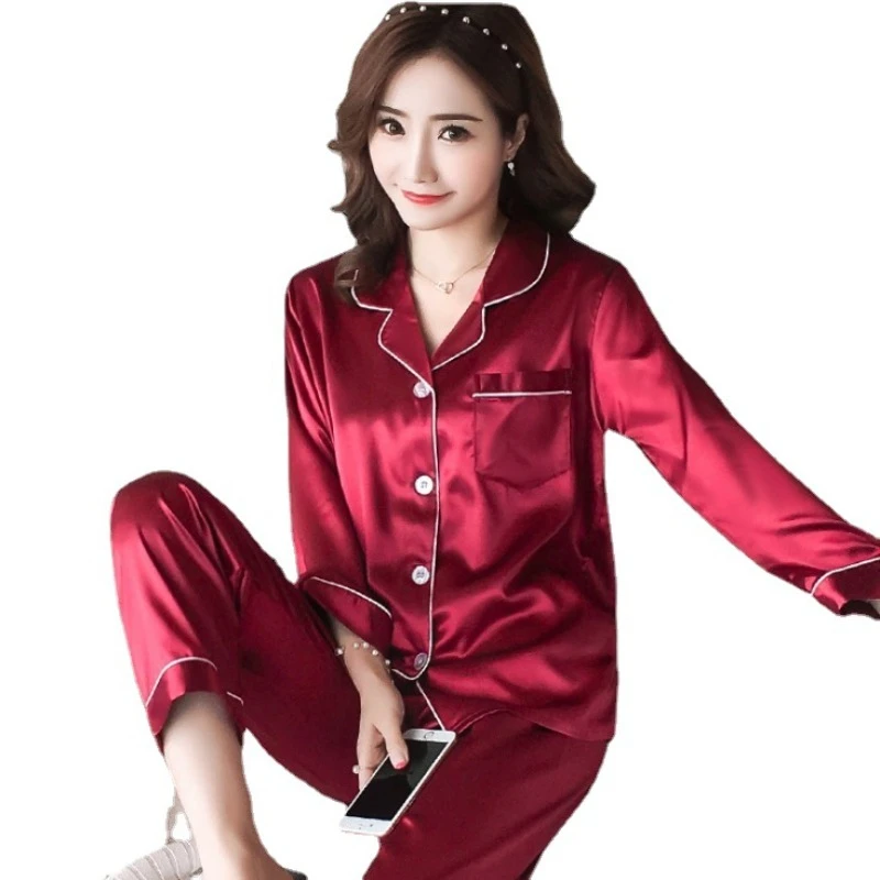 Pijamas de seda para Mujer 2023, conjuntos de Pijama sexis de seda para Mujer, ropa de dormir, cárdigan de manga larga para Mujer, Pijama de Casa de seda helada para Mujer Verano
