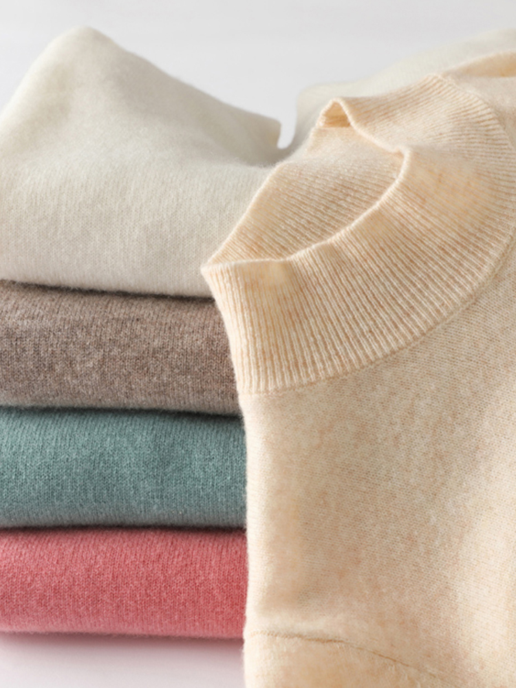 2024 suéter de cachemira de cuello medio alto liso para mujer Otoño Invierno suelto de talla grande de lana de punto suéter Casual camisa de fondo