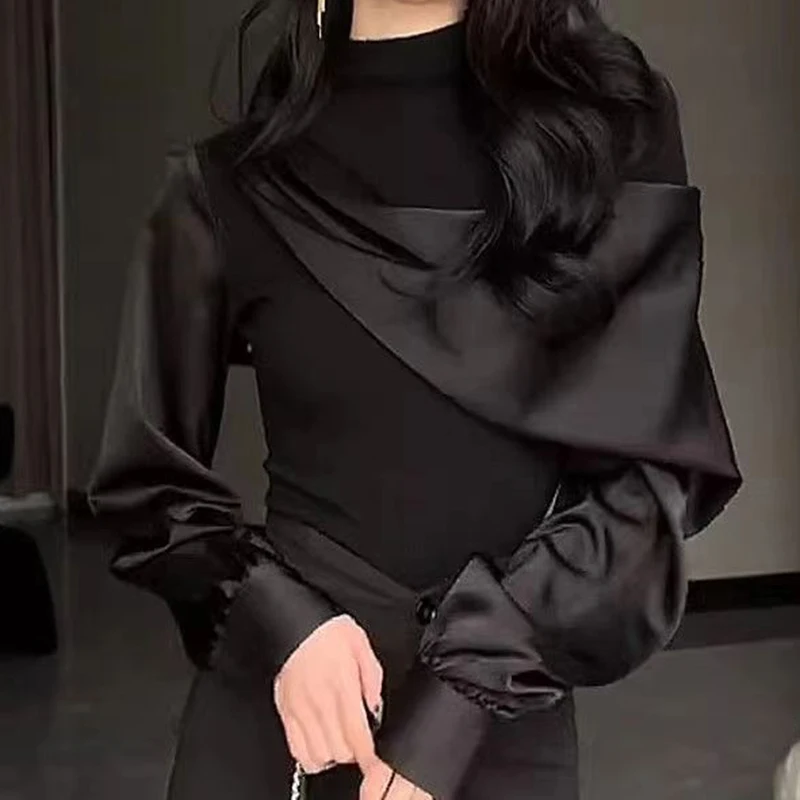 เสื้อแขนยาวผู้หญิง 2024 ฤดูใบไม้ผลิและฤดูใบไม้ร่วงใหม่หรูหราแฟชั่นการออกแบบSplicing Sense Nicheอารมณ์อเนกประสงค์top