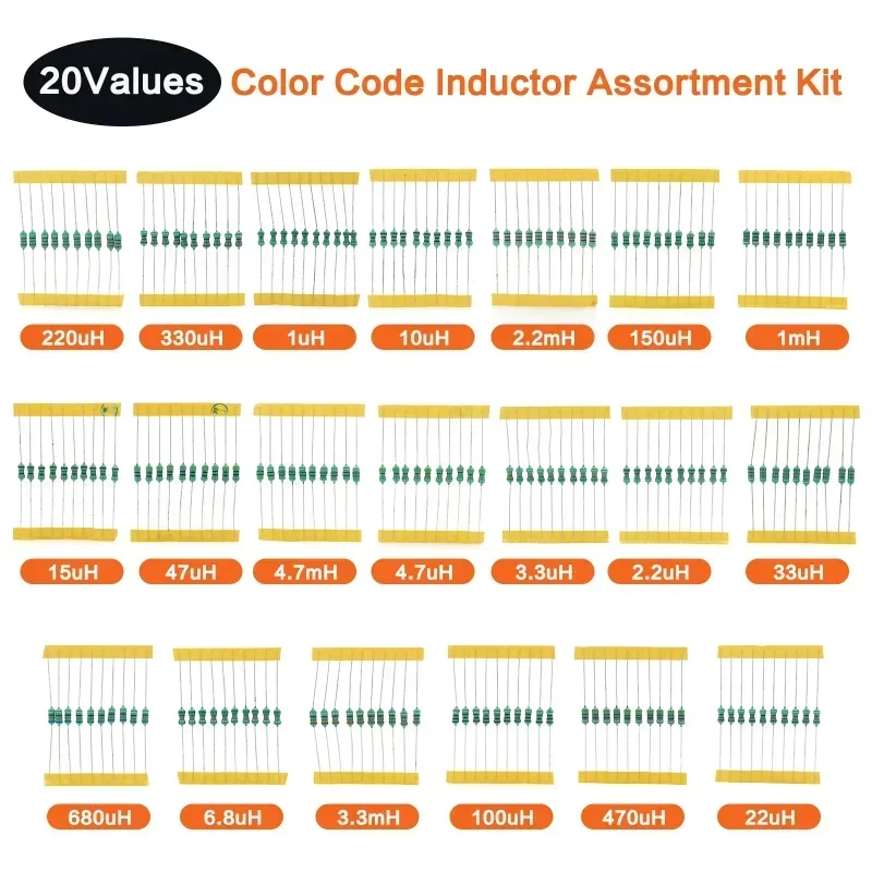 Assortimento di induttori da 200 pezzi 1/2W Set 0,5W Induttanza ad anello colorato da 1UH a 4,7MH 20Valuesx10 pezzi Kit assortito di induttori