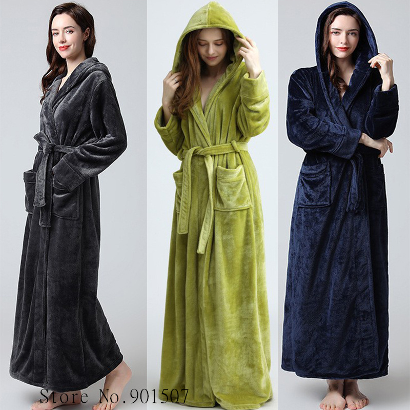 Extra langer Winter-Korallen-Fleece-Bademantel für Damen mit Kapuze, warmer Kimono-Bademantel, gemütlicher Kimono-Duschroben, lockeres Peignoirs-Nachthemd