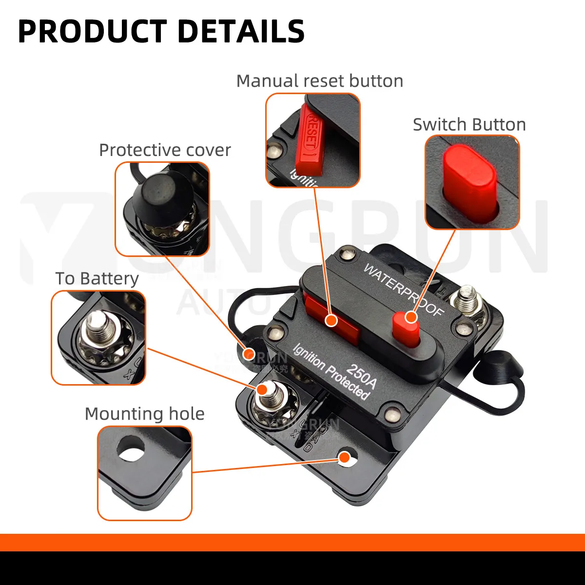 Disjuntor 30A a 300A com reinicialização manual para sistema de áudio de carro Fusível de redefinição de disjuntor marinho à prova d'água 12V- 48V DC
