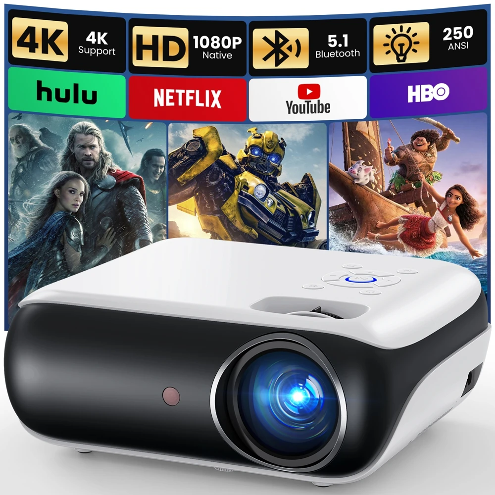 HOPVISION Beamer,Full HD 1080P,Bluetooth, muslimb, Tragbar Mini Heimkino-Projektor,Kompatibel mit Smartphone/HDMI/USB/AV