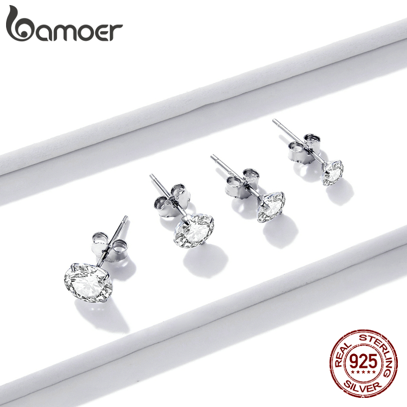bamoer CZ Stud Earrings 925 Sterling Silver Platinum Plated Round Cubic Zirconia Hypoallergenic Earrings 4mm 5mm 6mm 7mm BSE166