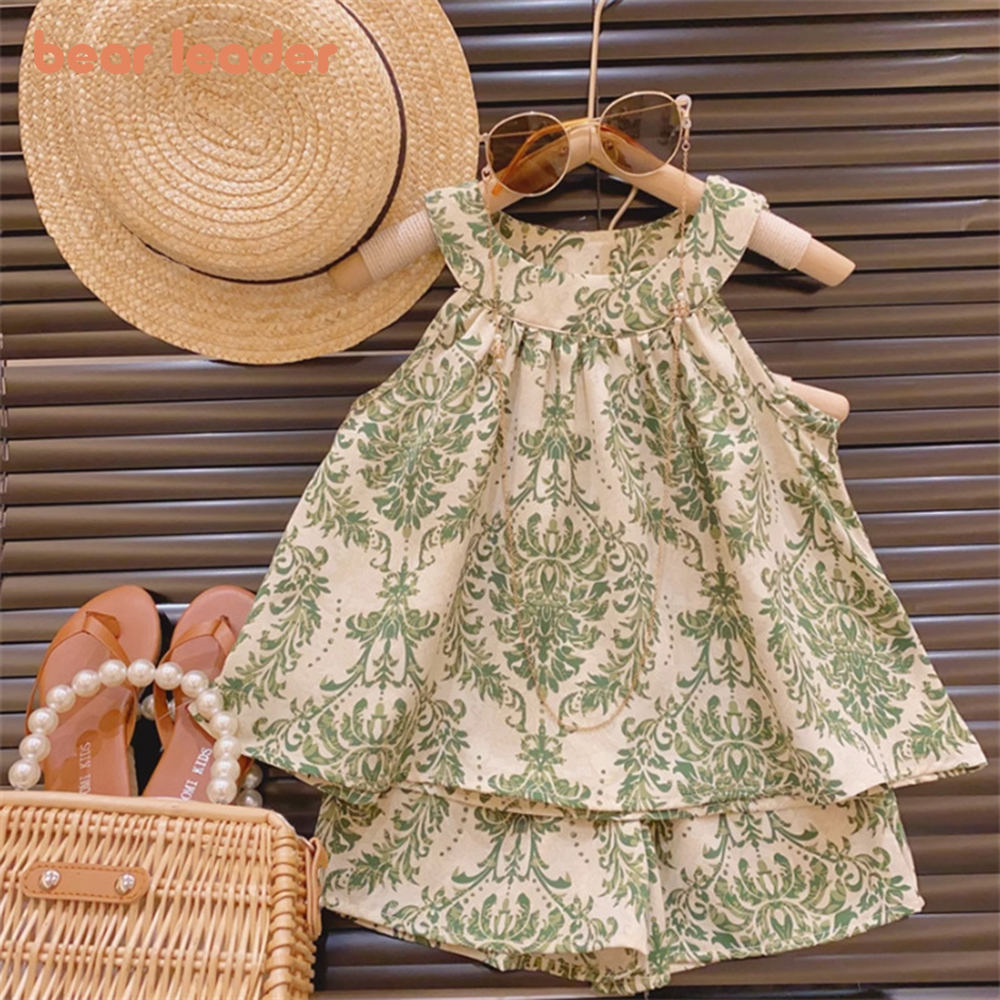 Bear Leader-Conjunto de tirantes sin mangas para niña, traje pequeño Floral con cuello Halter, pantalones cortos refrescantes, conjunto de dos piezas, novedad de 2024
