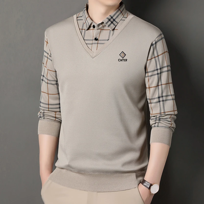 Herren Plaid Pullover Fleece Pullover Slim Fit Elegante Luxus Marke Gefälschte Zwei Stücke Gestrickte Pullover