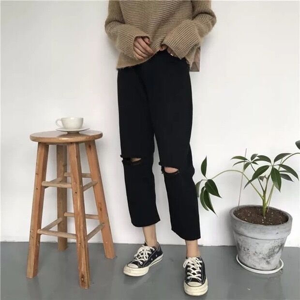 High Waist Ripped Skinny Jeans Women's Summer Thin Loose Elastic plus Size Bla Nine Point Straight Leg Pants Small Figures