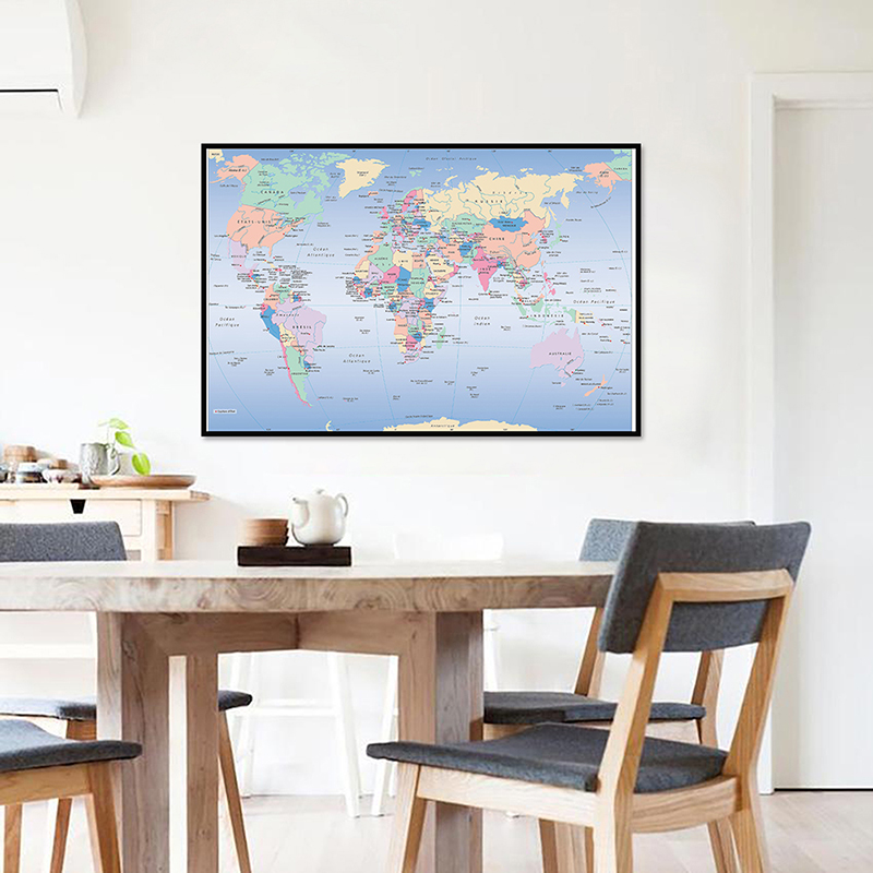 Formato A2 59x42 cm Mappa del mondo in lingua francese, poster da parete su tela stampe sullo sfondo per la decorazione dell'aula scolastica