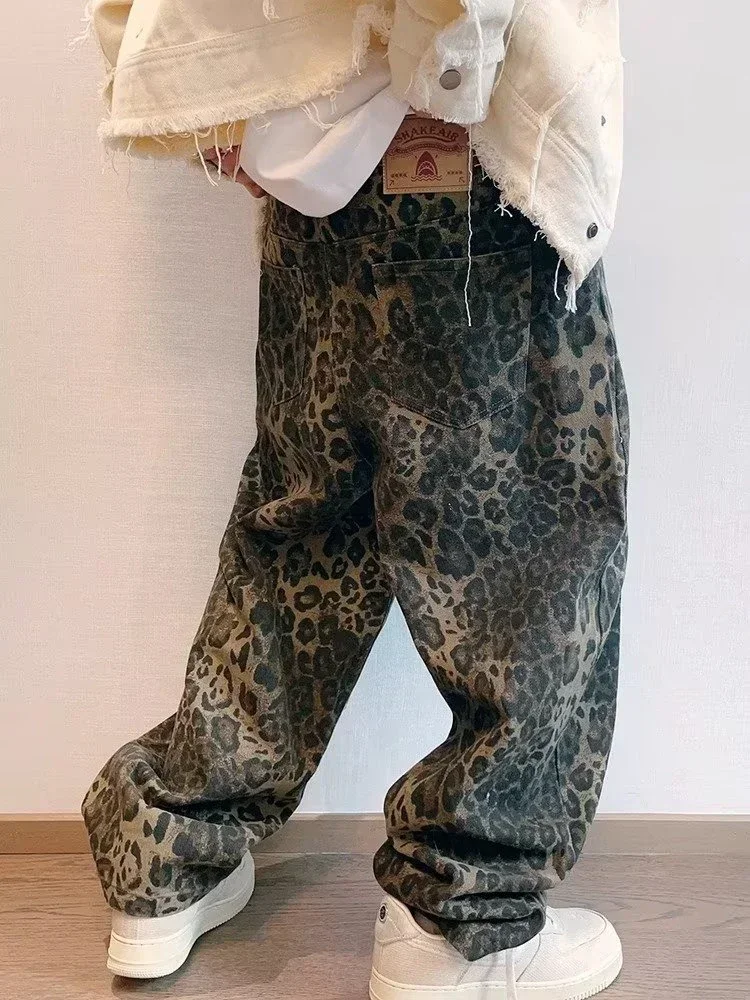 Tan Leopard Jeans 남성 데님 바지 남성 특대 넓은 다리 바지 streetwear 힙합 빈티지 의류 루즈 캐주얼