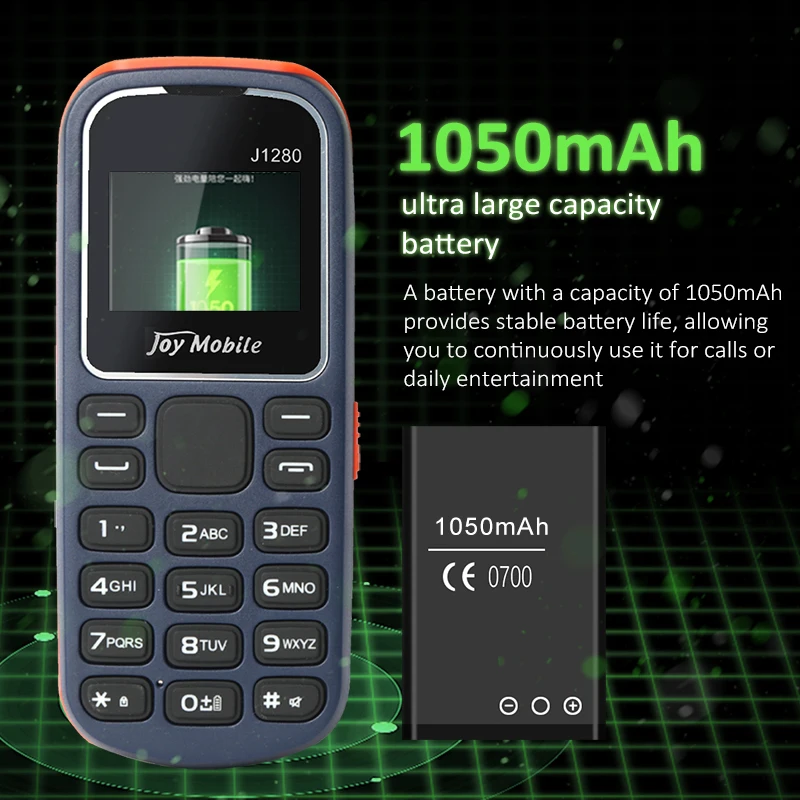MKTEL J1280 คุณลักษณะโทรศัพท์ Strong ไฟฉาย 1.44 "จอแสดงผล Dual SIM Dual Standby MP3 MP4 วิทยุบลูทูธ GPRS 600mAh แบตเตอรี่