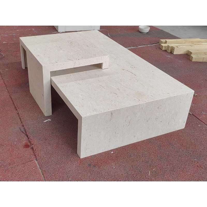 Mesa de centro retangular luxuosa moderna, bege natural, pedra calcária, design criativo, mesas de mármore