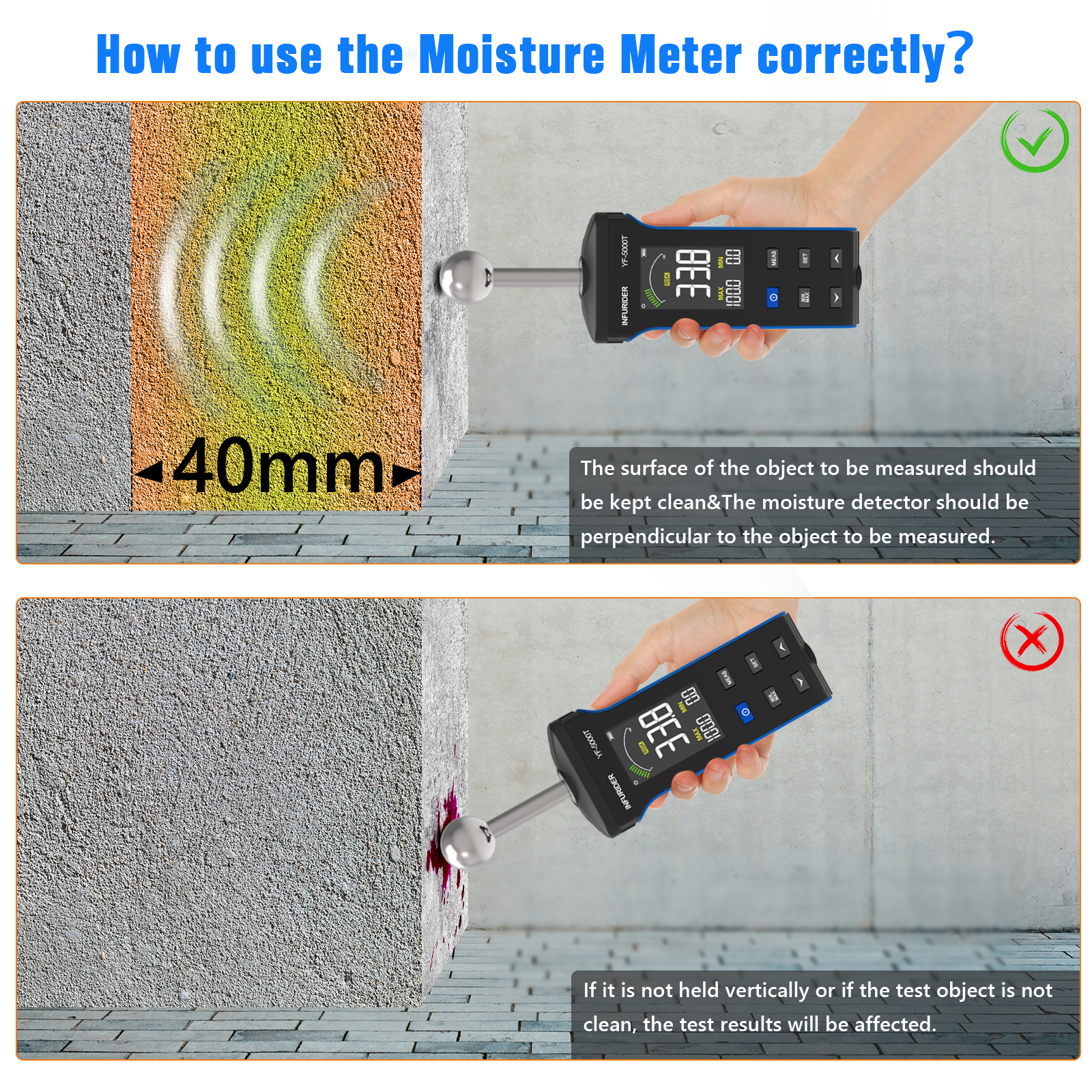 Pinless Moisture Meter with Ball Probe & Color LCD, 0~70% RH Range, Alarm Function for Wood/Walls/Concrete/Masonry/Gypsum