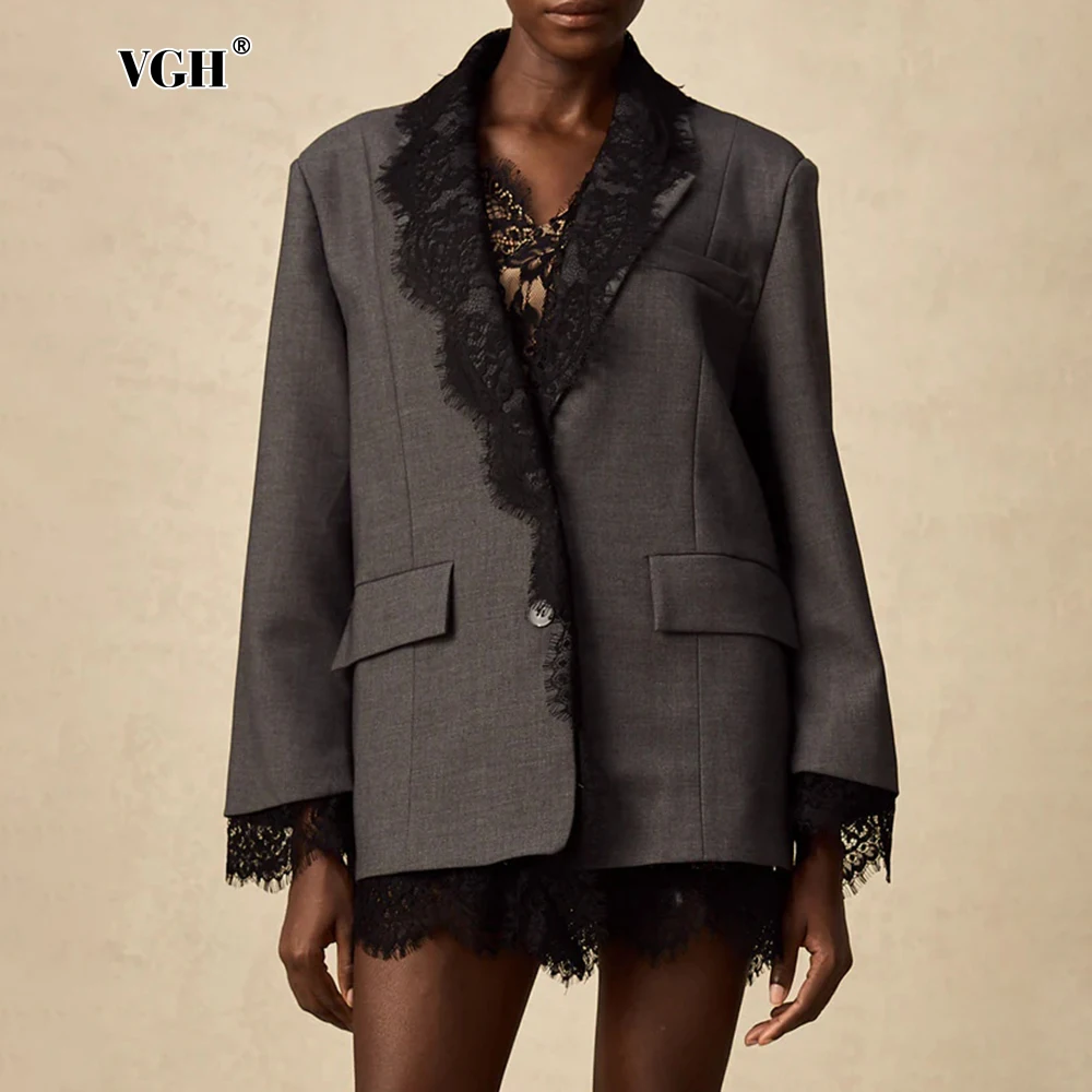 VGH Chic Solid Spliced Lace Edge Blazers dla kobiet Kołnierz z wycięciem Długi rękaw Temperament Designerskie płaszcze Odzież damska Styl