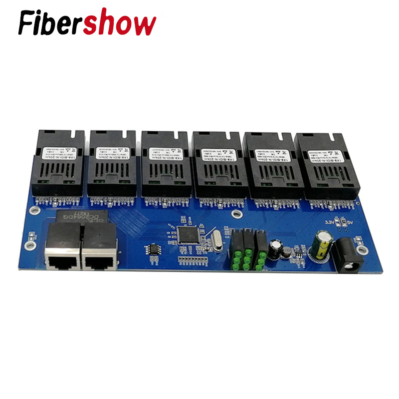 10/100M Fast Ethernet switch Converter 20KM Ethernet Fiber Optical Media Converter Single Mode 2*RJ45 and 6*SC fiber Port PCBA