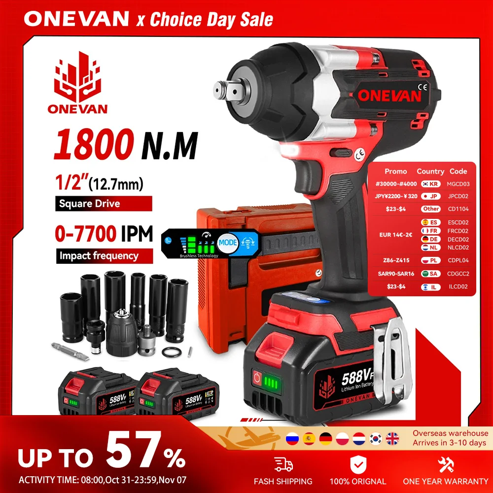 ONEVAN 1800N.M Brushless ประแจผลกระทบไฟฟ้า 1/2 นิ้วแบตเตอรี่ลิเธียมไอออนไร้สายเครื่องมือสําหรับ Makita 18V แบตเตอรี่ Pin