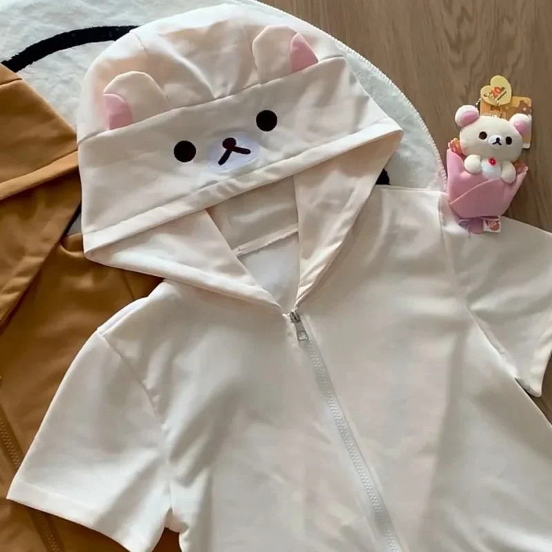 Estilo japonês rilakkuma moletom com capuz feminino bonito y2k harajuku fino ajuste jaqueta de manga comprida outono puro algodão moletom com zíper