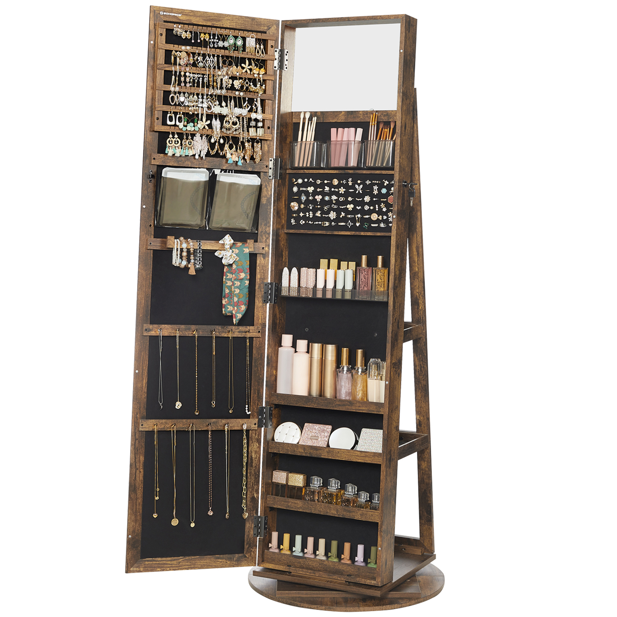 360 ° Rotatable jewelry storage Lockable Jewelry Cabinet Mirror Cabinet with Full Body Mirror