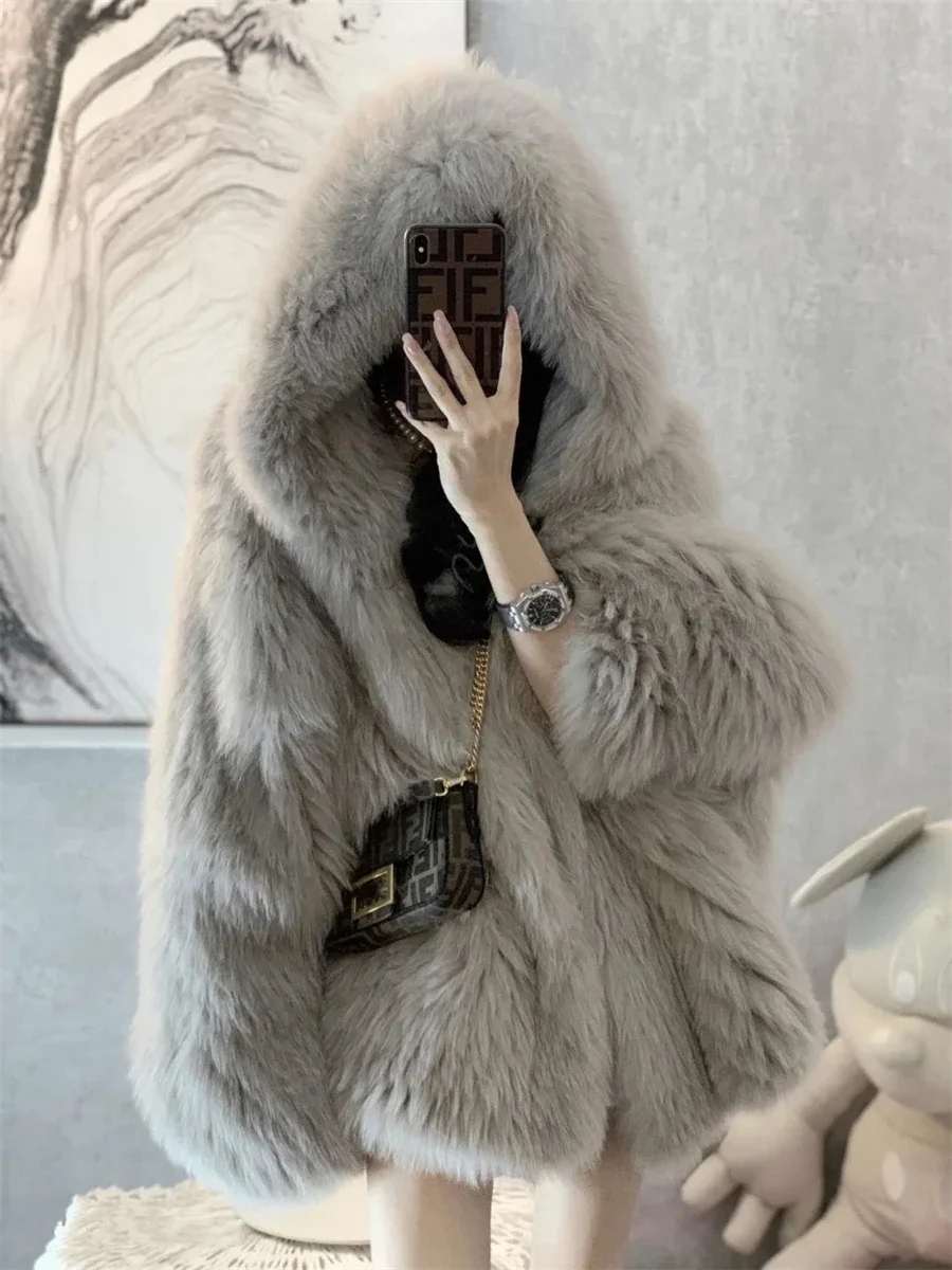 Veste à capuche en fausse fourrure de renard pour femme, Streetwear chaud, vêtements en peluche, chaud et chaud, chaud et décontracté, hiver