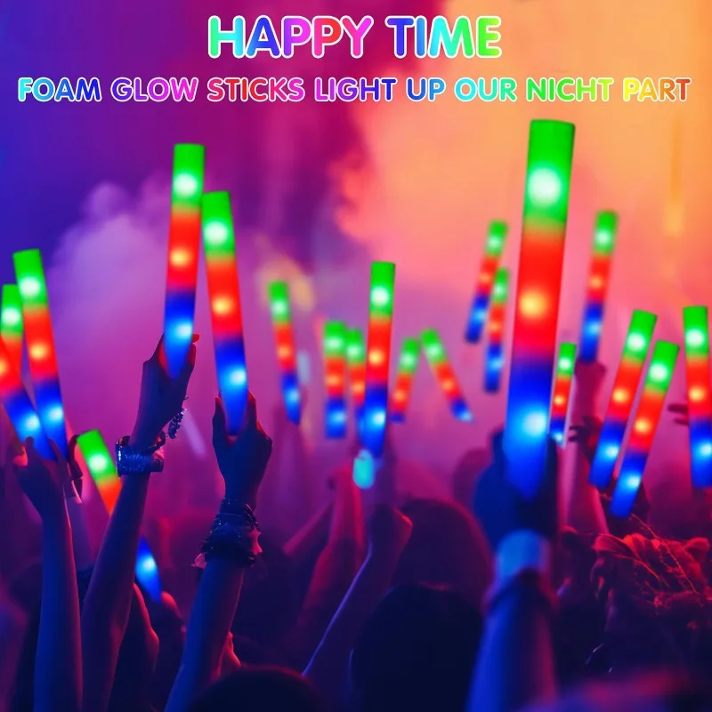 100 PCS Foam Glow Sticks Party Favors, Bulk LED Foam Light Up Sticks with 3 Modes Color Flashing Glow Party Supplies for W