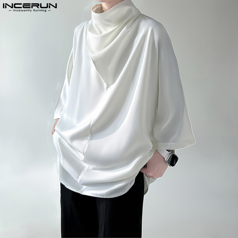 INCERUN-Camiseta de Color liso con cuello alto para hombre, ropa informal coreana de manga 2023, ropa de calle holgada a la moda, camisas irregulares, 3/4