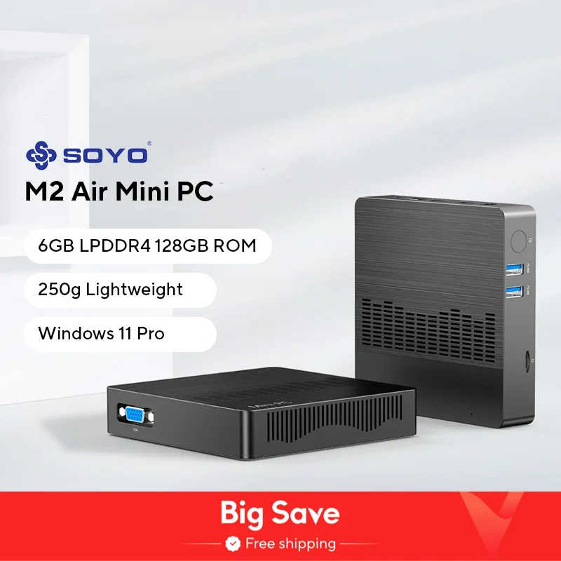 SOYO M2 Air Mini PC: Poderosa 6 GB de RAM, 128 GB EMMC, Intel N4000, Windows 11 Pro - Compacto e Ideal para Casa, Negócios e Jogos