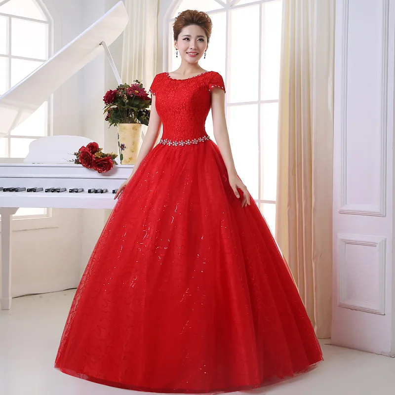 Plus size Vestidos De Novia Real Photo Red pure White Lace O-neck Sequins Wedding Dresses Cheap Princess Bride Gowns Frock HS587
