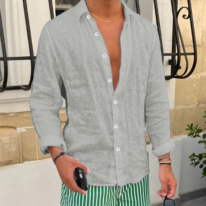 Spring New Casual Linen Shirts Mens Long Sleeve Button-up Turn-down Collar Shirt Seaside Beach Vintage Men Solid Color Cardigans