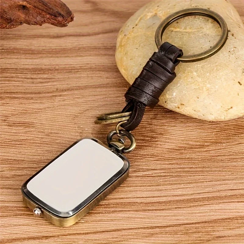 Exquisite Watch Bronze Keychain Pocket Watch Square Retro Double Time Movement Quartz Watch Without Cover Antique Style Pendant
