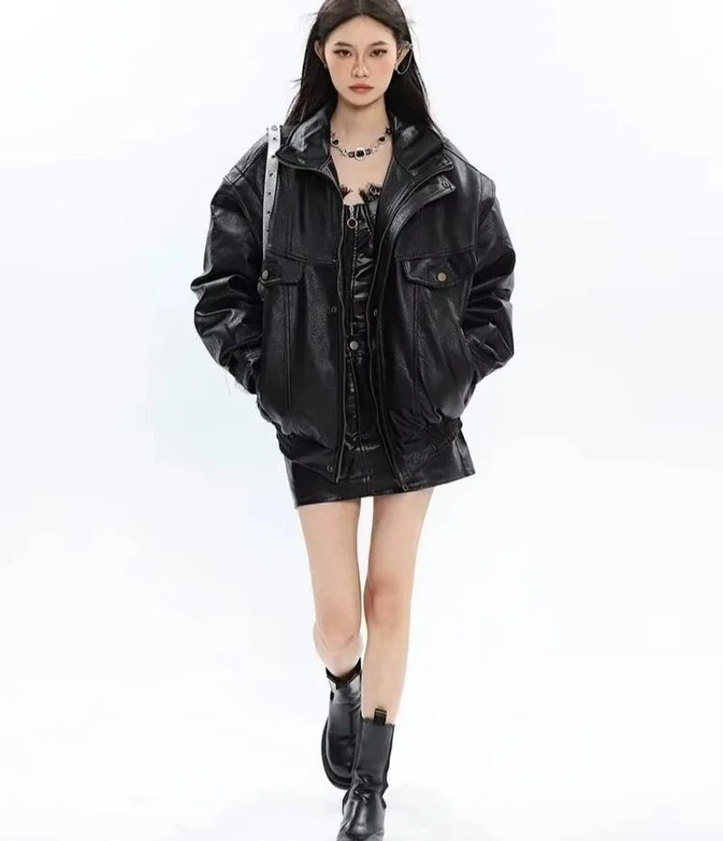 Veste en cuir Vintage pour femmes, manteau surdimensionné de Style coréen pour femmes, coupe-vent de printemps en PU, veste d'aviateur ample unisexe en fausse fourrure