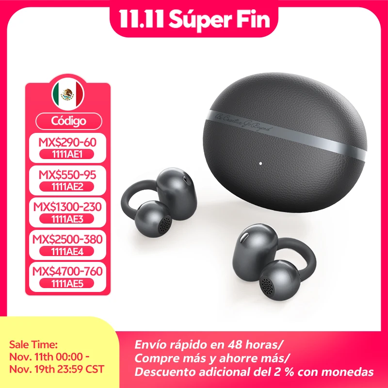 QCY Crossky C50 Auriculares inalámbricos abiertos Bluetooth 6.0, cómodos auriculares de clip, 4 micrófonos, llamadas nítidas con IA, refuerzo de graves, 35 horas de reproducción para deportes y running