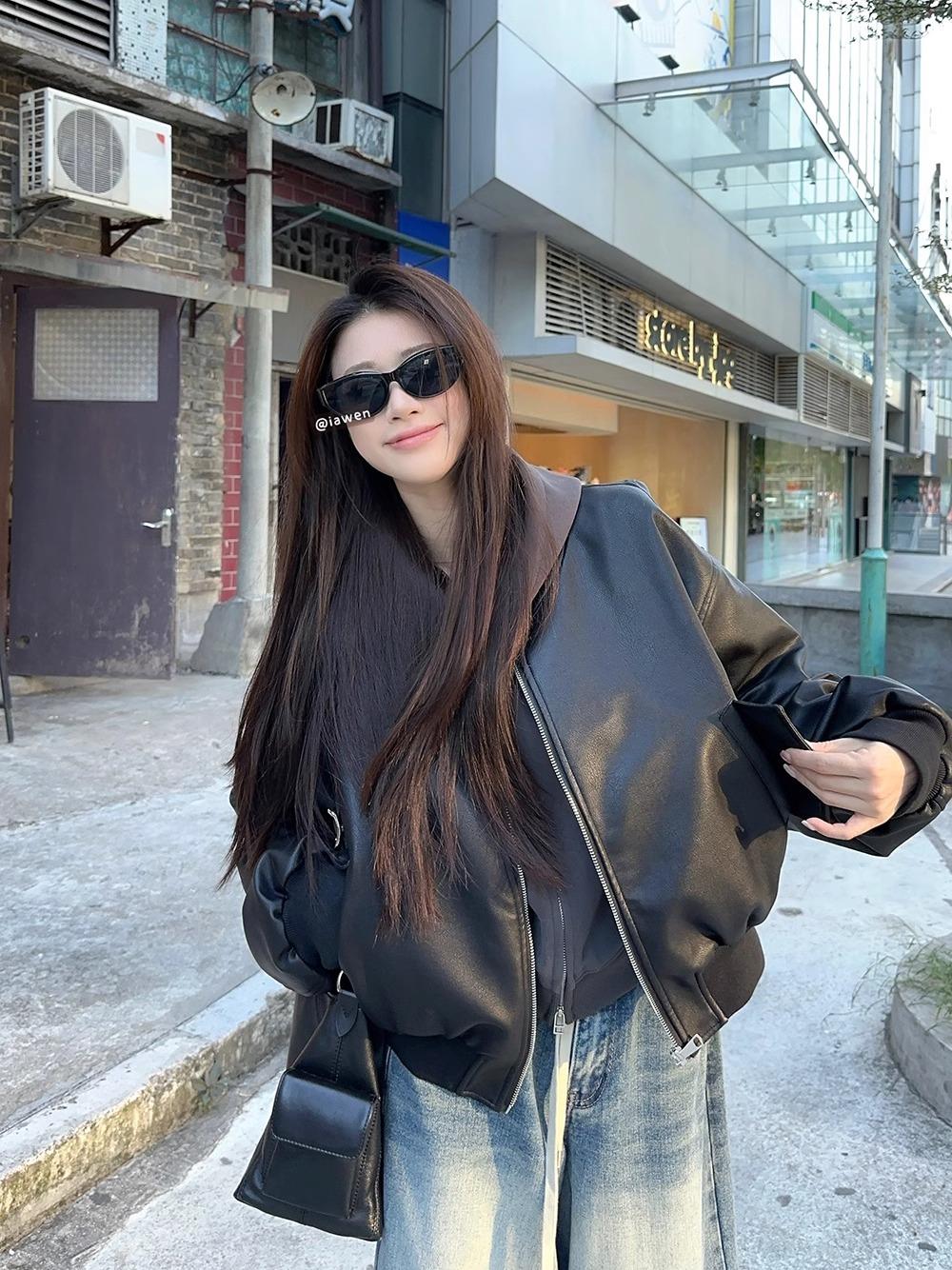 Black Zipper Stand Collar PU Leather Jacket Women's Autumn Winter Loose Casual Motorcycle Jacket Vintage American Sle