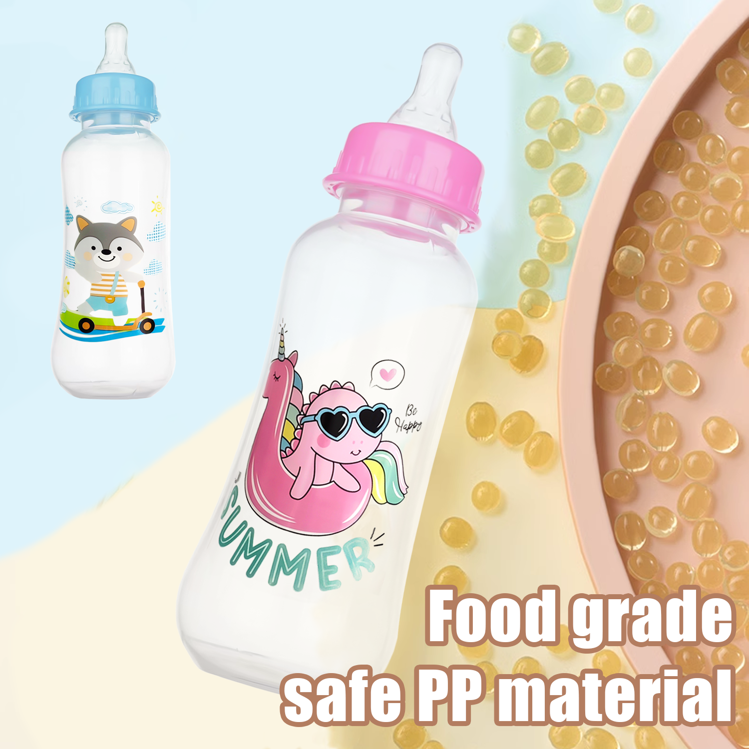 Biberon pour nouveau-né de 250ml, biberon PP de dessin animé anti-fuite, biberon sûr et durable, sans BPA, motif aléatoire