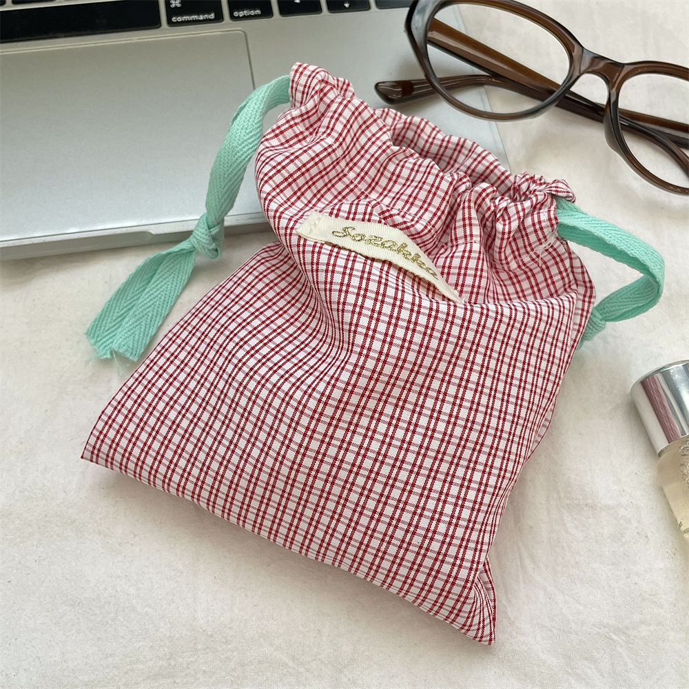 New Plaid Storage Drawstring Bag Women Cosmetics Lipstick Storage Pouch Cute Makeup Bag Christmas Gift Candy Jewelry Organizer