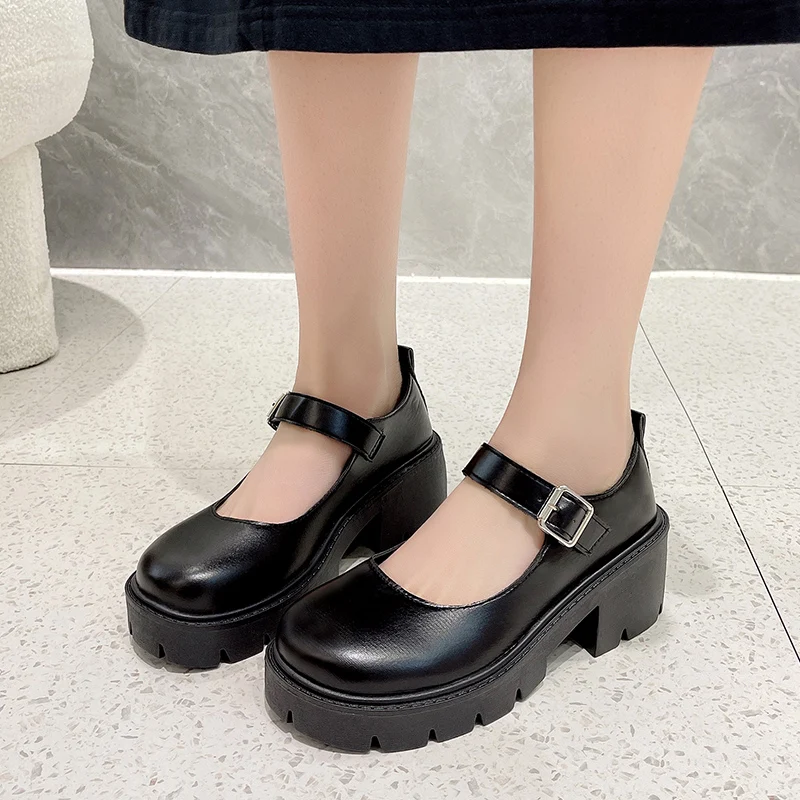 Preto tornozelo fivela plataforma bombas mulheres estilo japonês couro de patente mary jane sapatos mulher punk saltos grossos lolita sapatos mujer