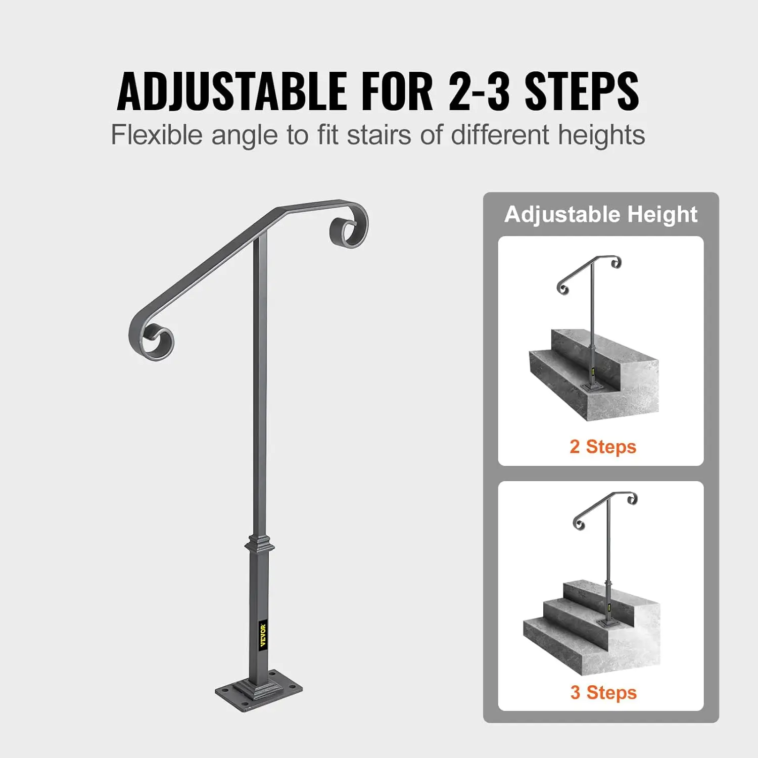 Handrails for Outdoor Steps, Fit 1 or 2 Steps Outdoor Stair Railing, Single Post Wrought Iron Handrail