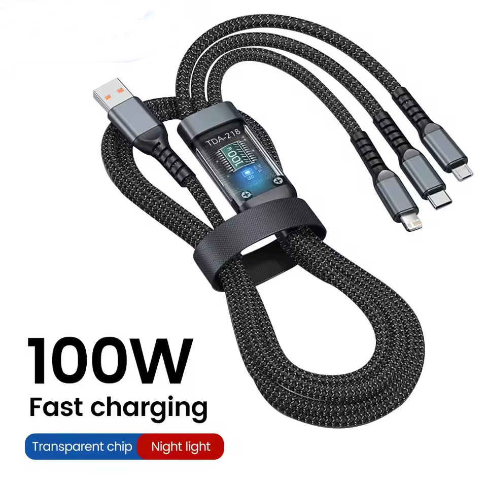 100W 6A 3-in-1Charger Cable, USB to Type-C/Micro/LIGHTNING Multi Charging Cord for iPhone 15/14/13 Samsung Xiaomi Huawei