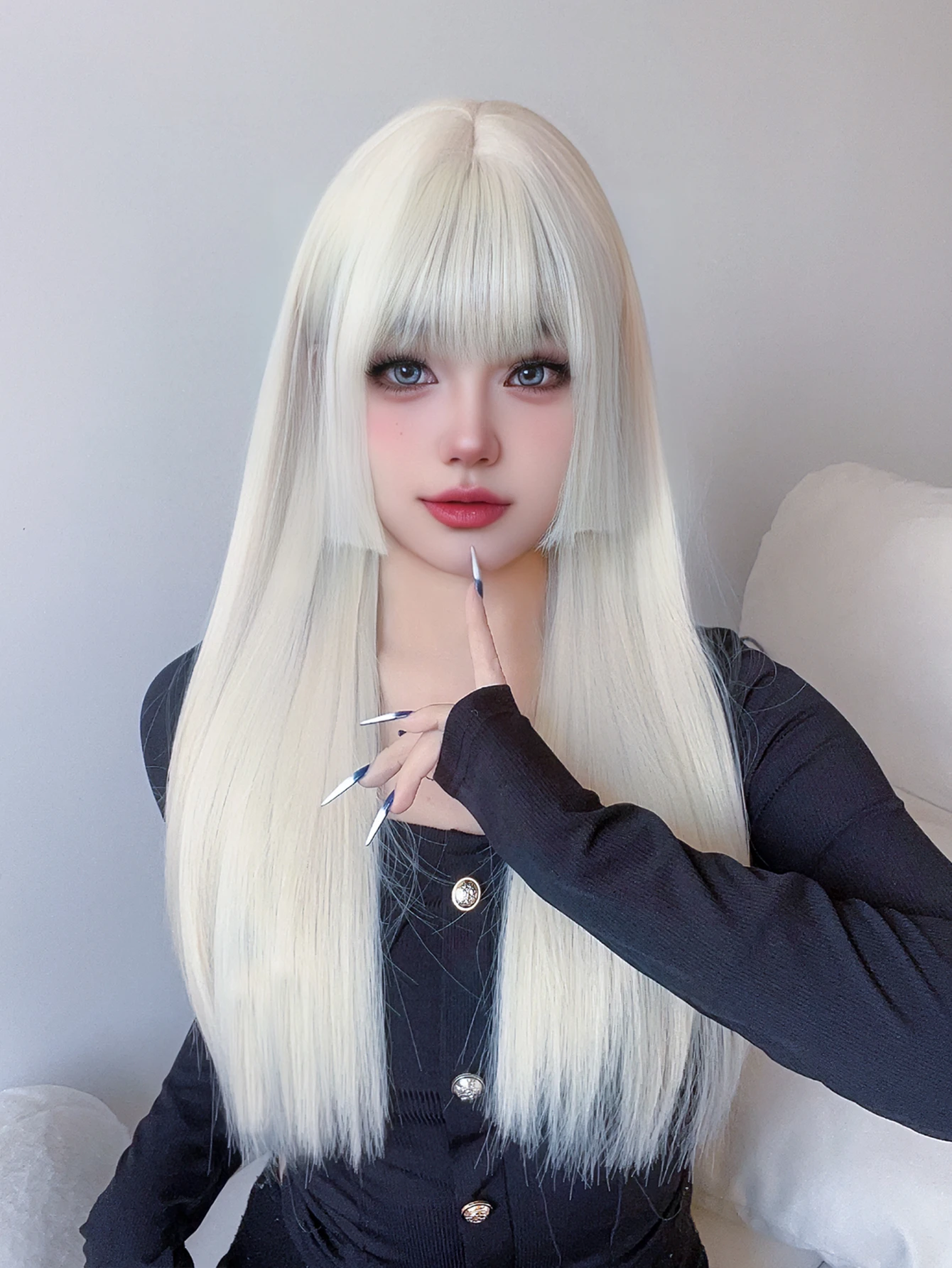 Lolita-Peluca de cabello sintético para mujer, cabellera artificial con flequillo largo y liso, color blanco y Rubio, 26 pulgadas, resistente al calor