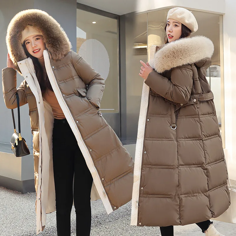 Chaqueta larga Parker para mujer, abrigos gruesos y cálidos, abrigo coreano blanco y negro con capucha de tendencia de bloque tejido, Parkas 2022