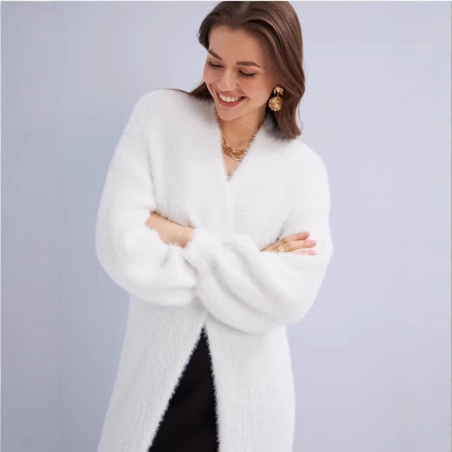 Outono e inverno solto e preguiçoso estilo casaco de malha aberta, grosso na altura do joelho imitação de pele de vison camisola de manga comprida, jaqueta quente