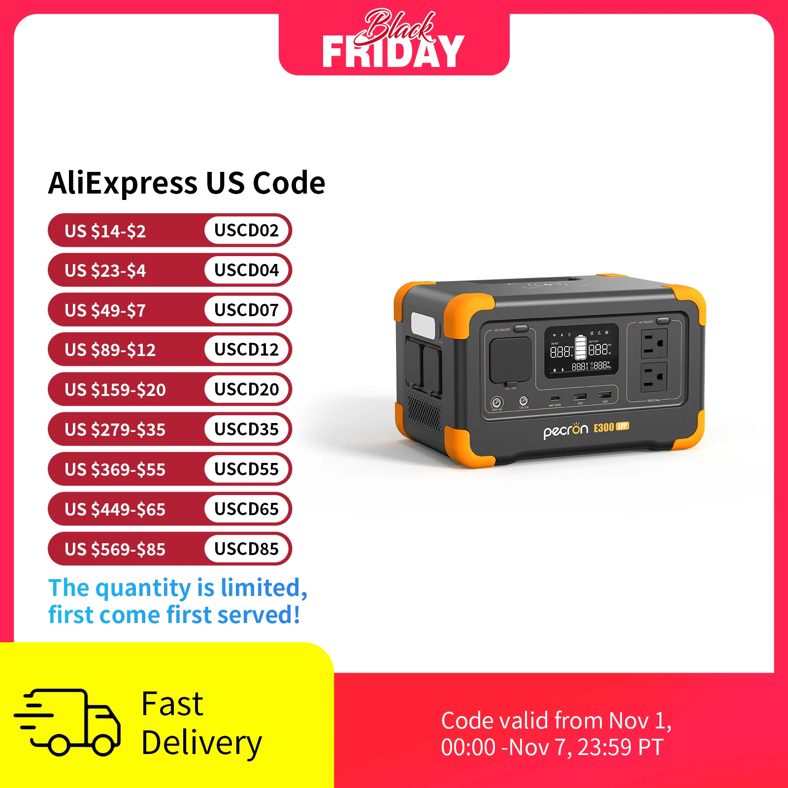 Pecron E300LFP Portable Power Station 600W 288Wh LiFePO4 Battery Solar Generator Power Bank Fast Charging for Home , RV, Camping