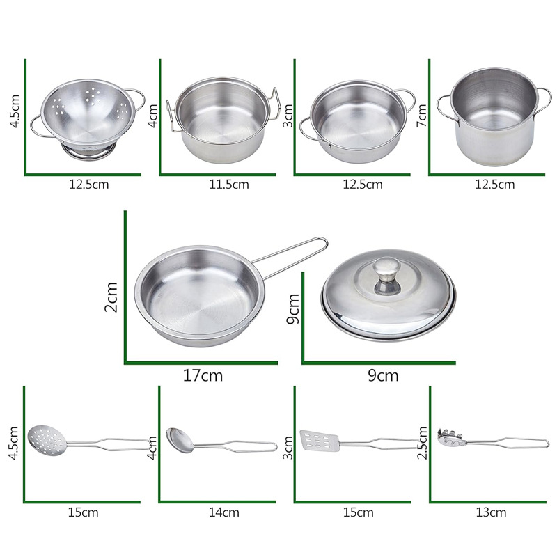 Kids 'Toy Pots and Panelas Play Set, Panelas de cozinha, Mini Utensílios De Cozinha Em Aço Inoxidável, Desenvolvimento Brinquedos