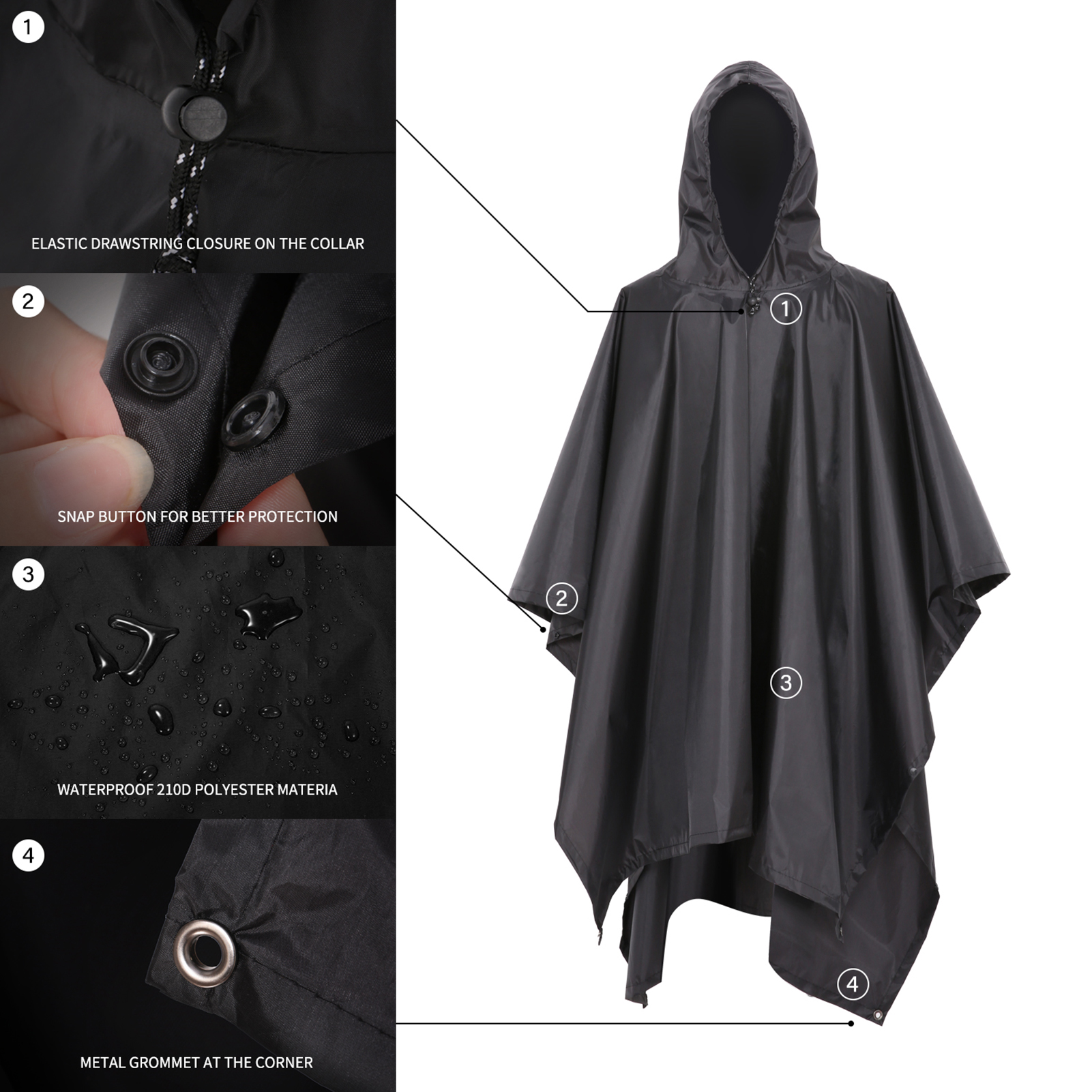 Capa de chuva militar 3 em 1, manga com capuz, poncho de chuva à prova d'água para motocicleta, acampamento, caminhadas, viagem, barraca de chuva