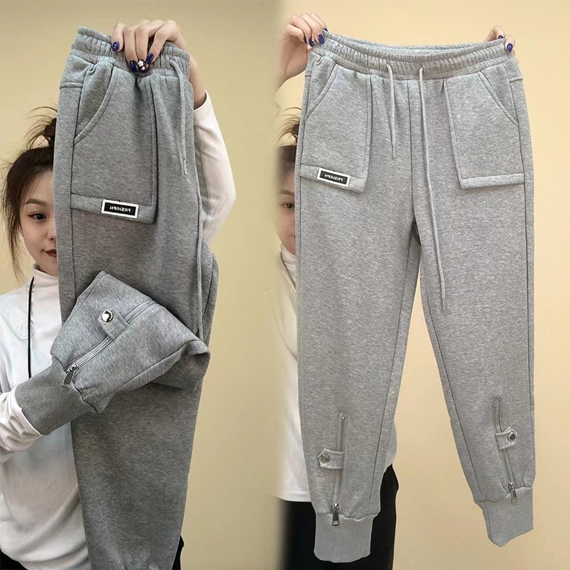 Outono inverno calças femininas adicionar calças de veludo cintura elástica zíper guarda harem calças casuais calças esportivas femininas harem